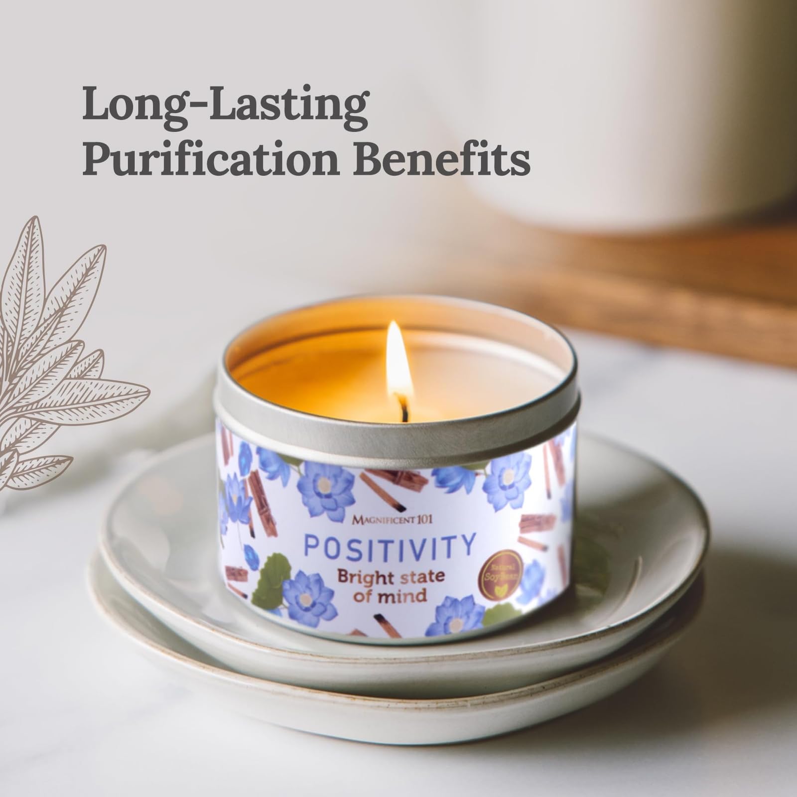 Magnificent 101 Positivity Aromatherapy Candle in 6-oz. Tin Holder: 100% Natural Soy Wax with Palo Santo & Lotus Flower Essentia